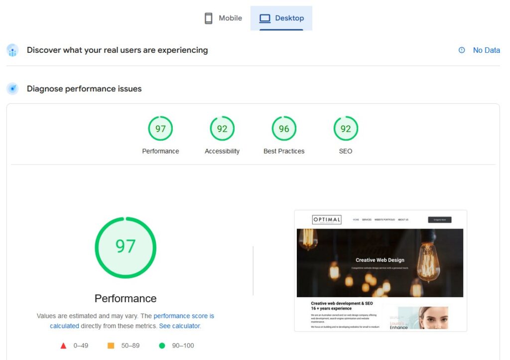 Google Page Insights Tool showing Optimal Web Designs homepage speed load time when viewed on a desktop device.