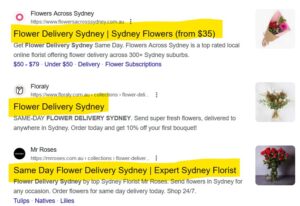 Screenshot showing a Google search results page with the meta title for each result highlighted in yellow.