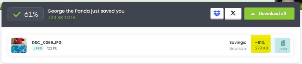 Panda Image optimiser after image has been optimised showing -61% compression.