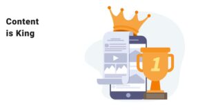 The words 'content is king' with a photo of a crown and cup with number 1 on it.