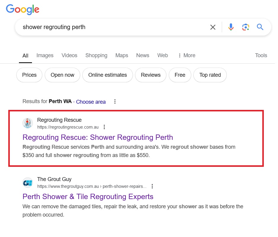 clients number one ranking result at Google when 'Shower Regrouting Perth' is searched for.