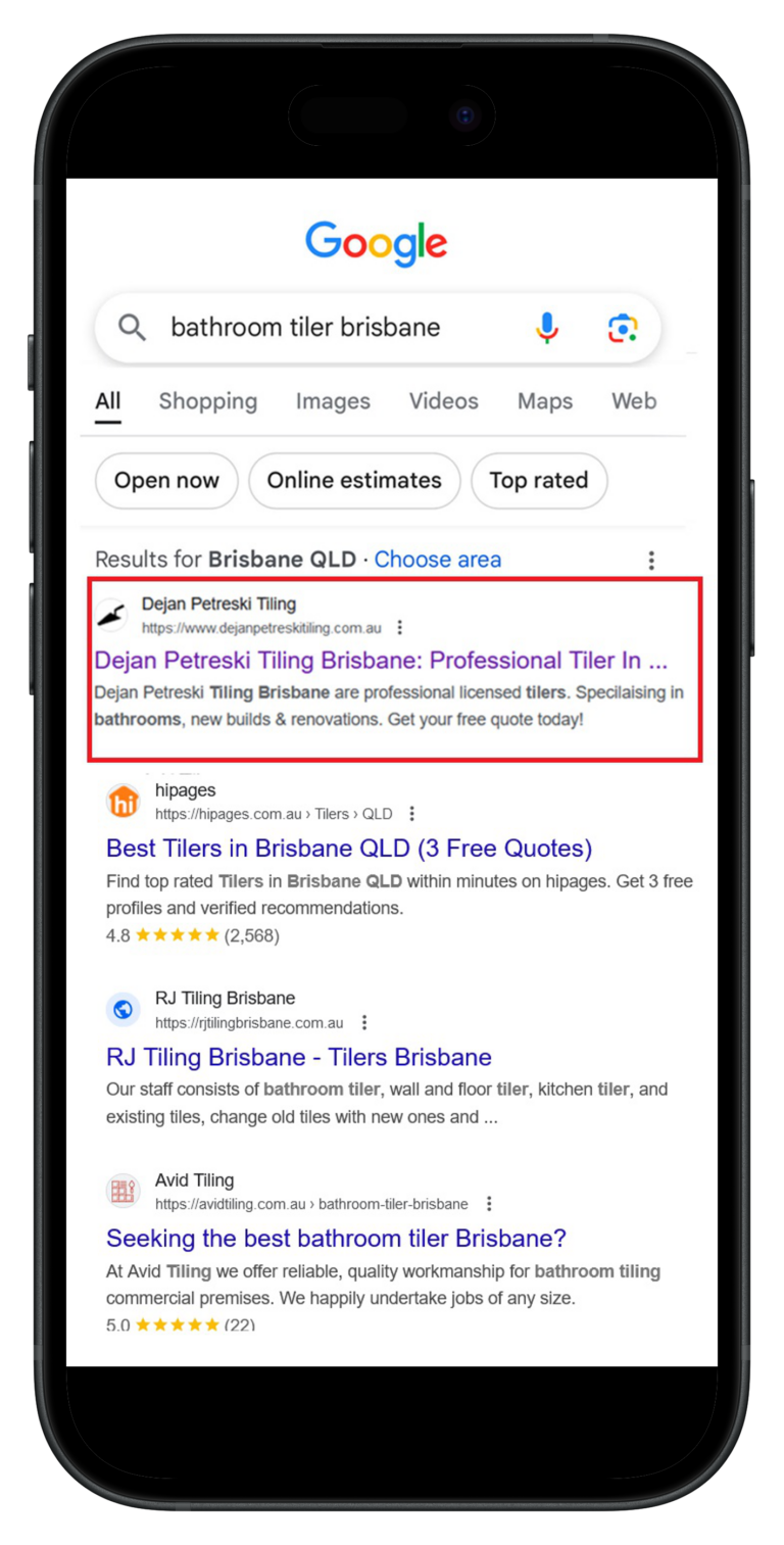 Client's ranking at Google displayed on an iphone when 'Bathroom Tiler Brisbane' is searched for at Google.